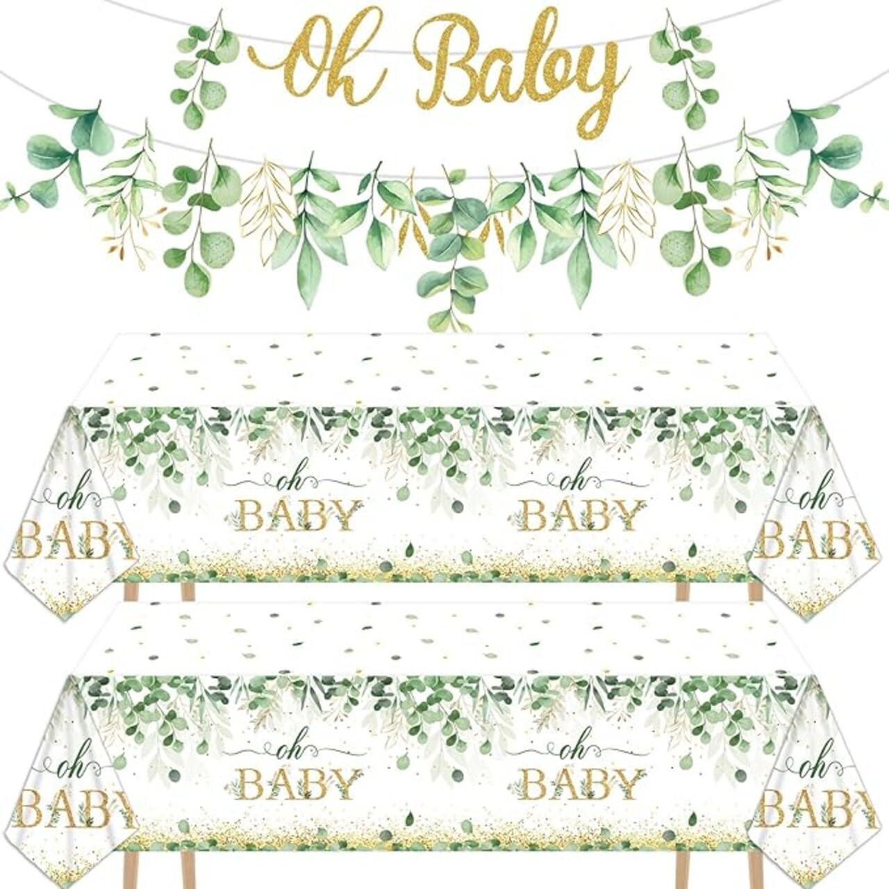 4 Pcs Eucalyptus Baby Shower Decorations Set - 2 Greenery "Oh Baby" Banners & 2 Matching Plastic Tablecloths - Boho Sage Green Gender Neutral Party Supplies (54" x 108")